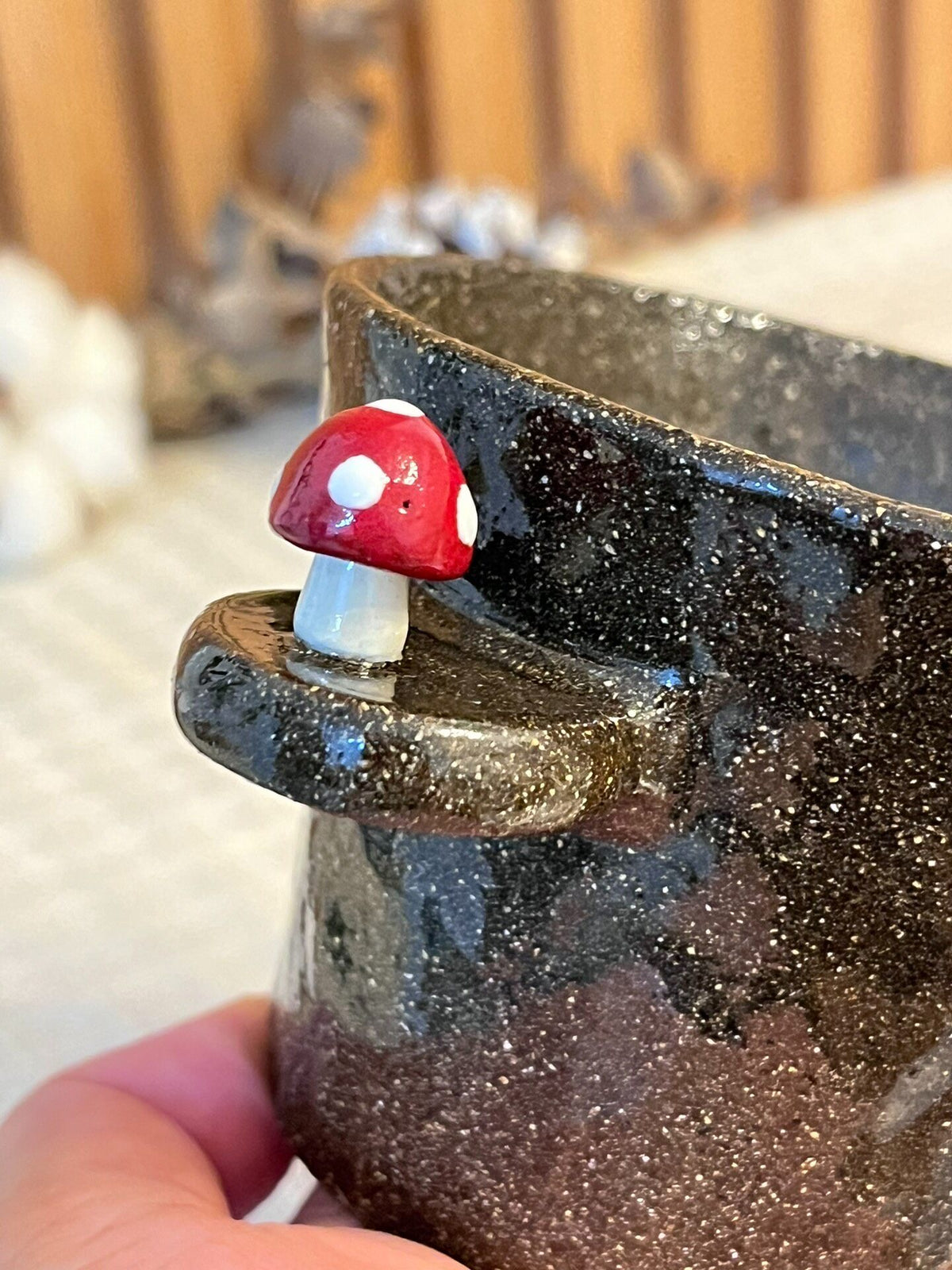 Handmade Black Pottery Mushroom Handle Cup