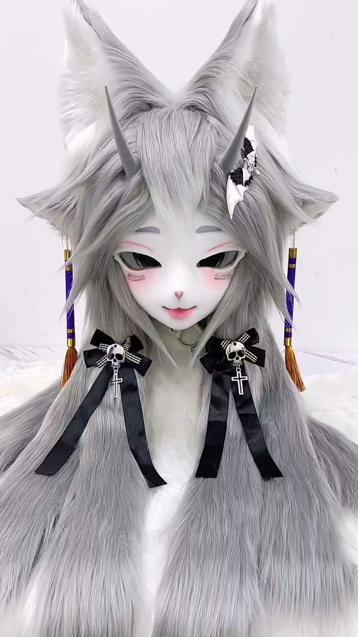 シルバーグレーのオカミのヘッドピース（角付き）