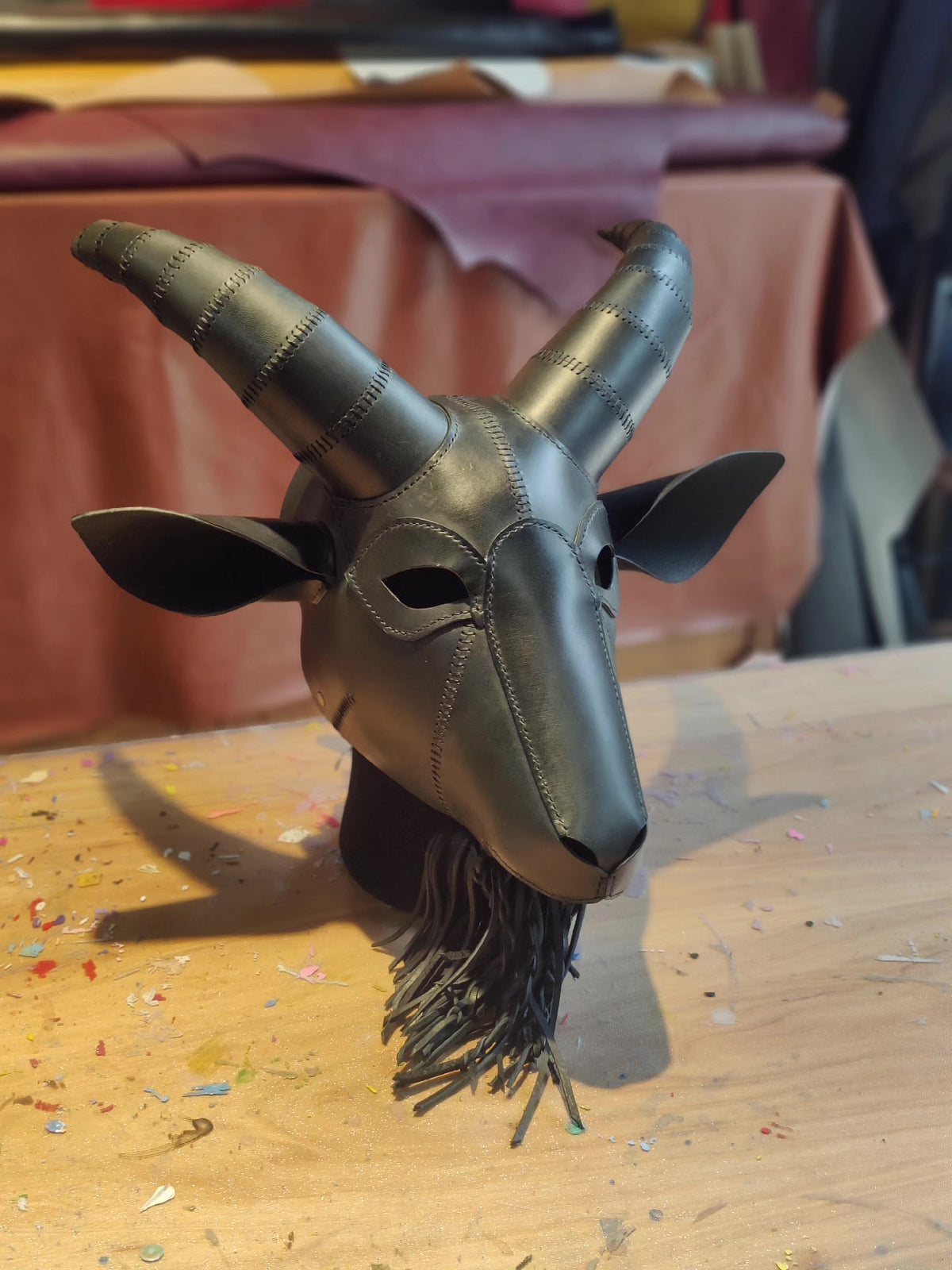 Black Leather Goat Mask Handcrafted Cowhide
