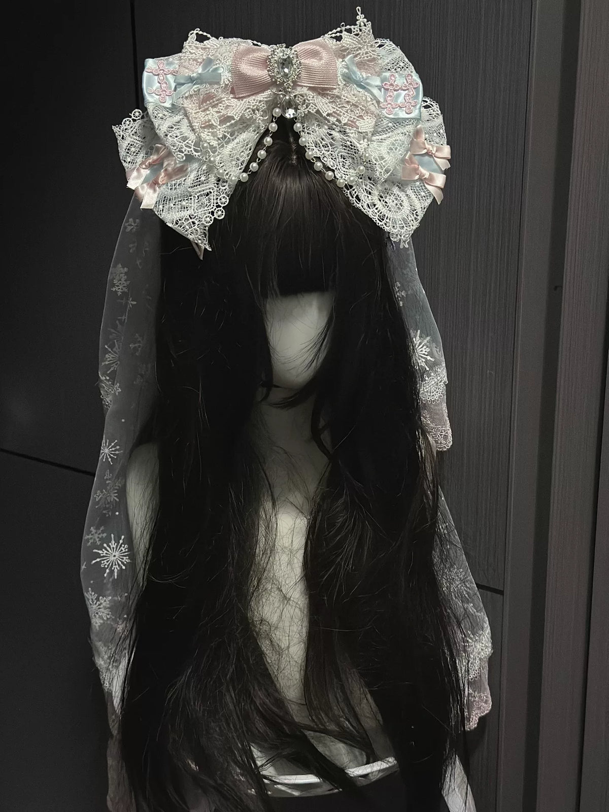 Accessorio fiocco Lolita con velo in tulle azzurro
