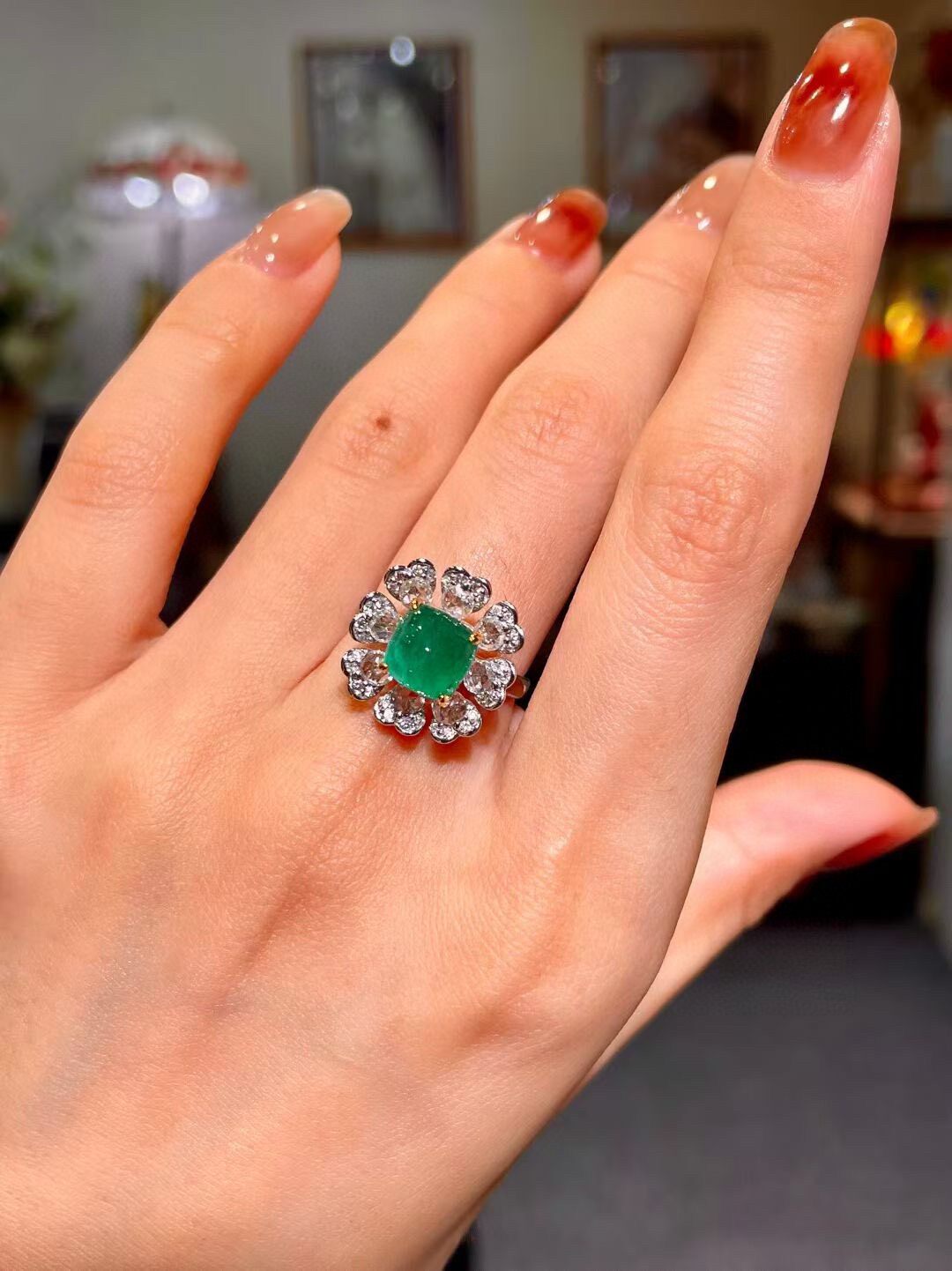 18k Gold Emerald and Diamond Ring with Heart-Shaped Halo