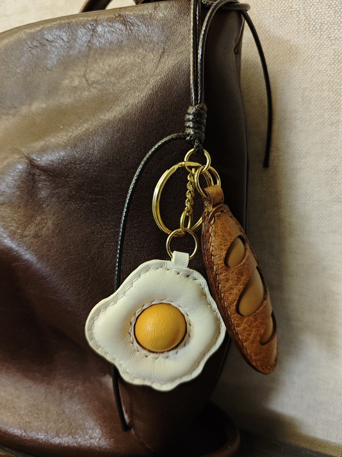 Handmade Leather Fried Egg and Baguette Keychain Set