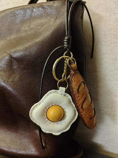 Handmade Leather Fried Egg and Baguette Keychain Set