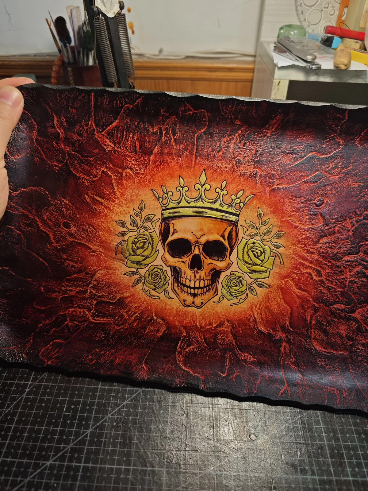 Handcrafted Leather Tray with Skull and Roses Motif