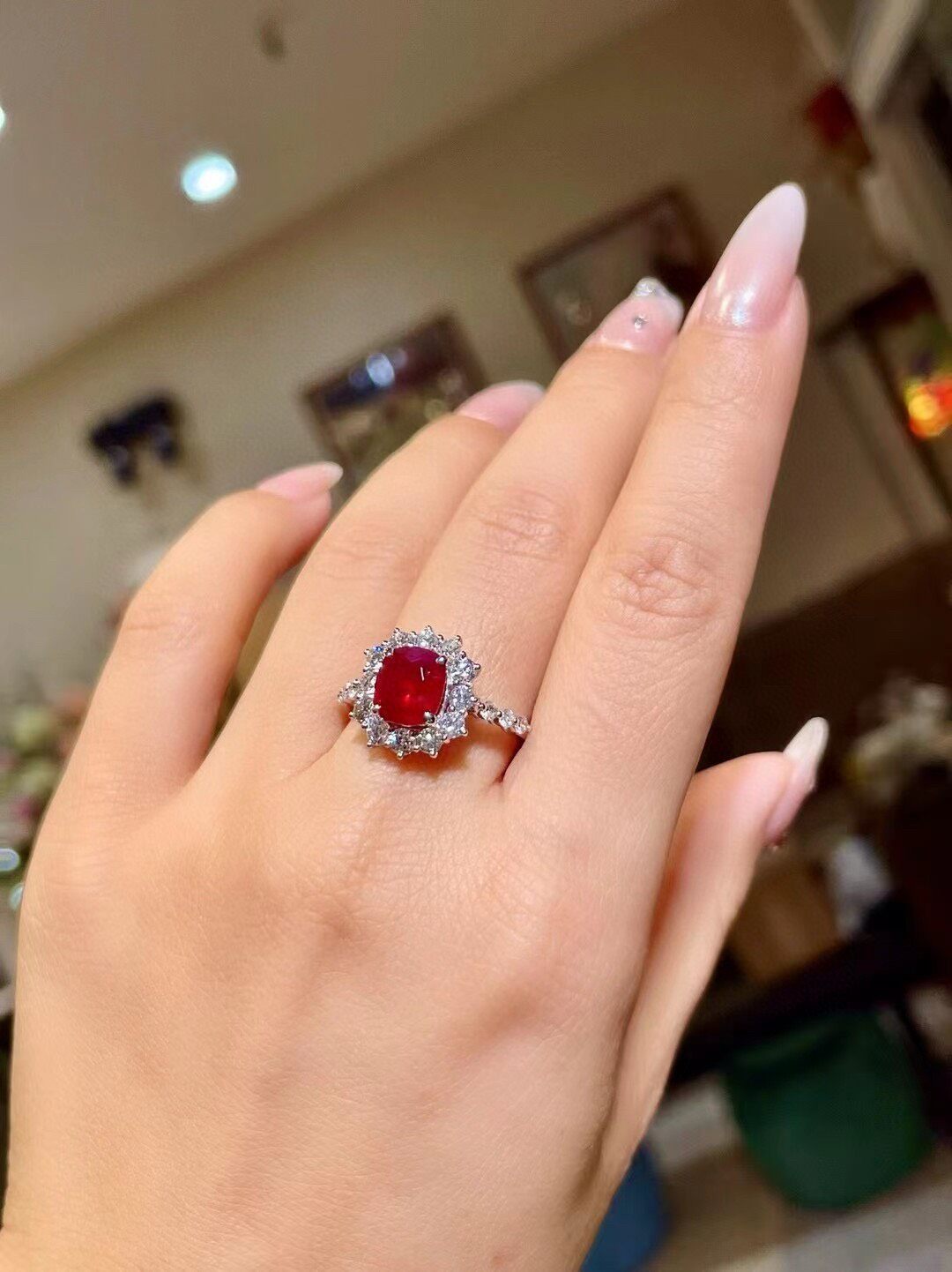 18K Gold Ring with 2.05ct Cushion-Cut Red Gemstone and 1.04ct Halo Stones