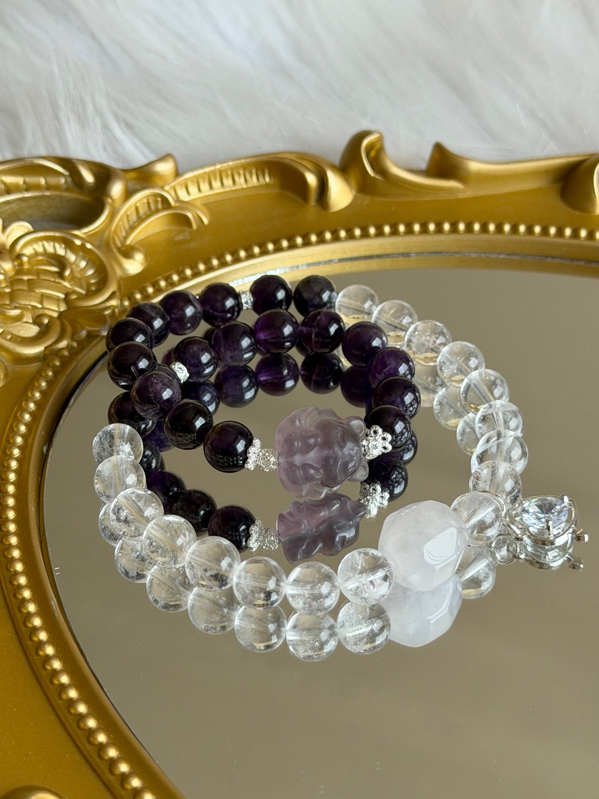 Pulseira de Duas Voltas de Ametista e Quartzo Transparente