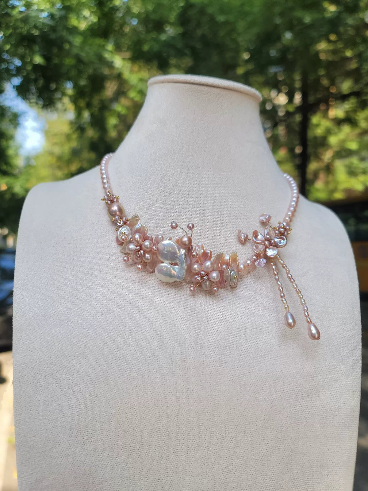 Pink Pearl Butterfly Flower Necklace