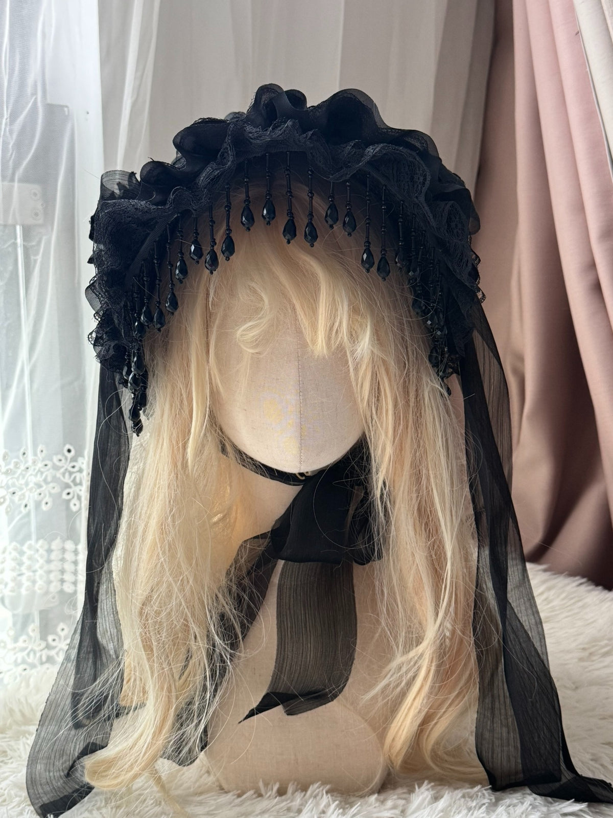 Gothic Lolita Widow Hat with Black Pearl Tassels
