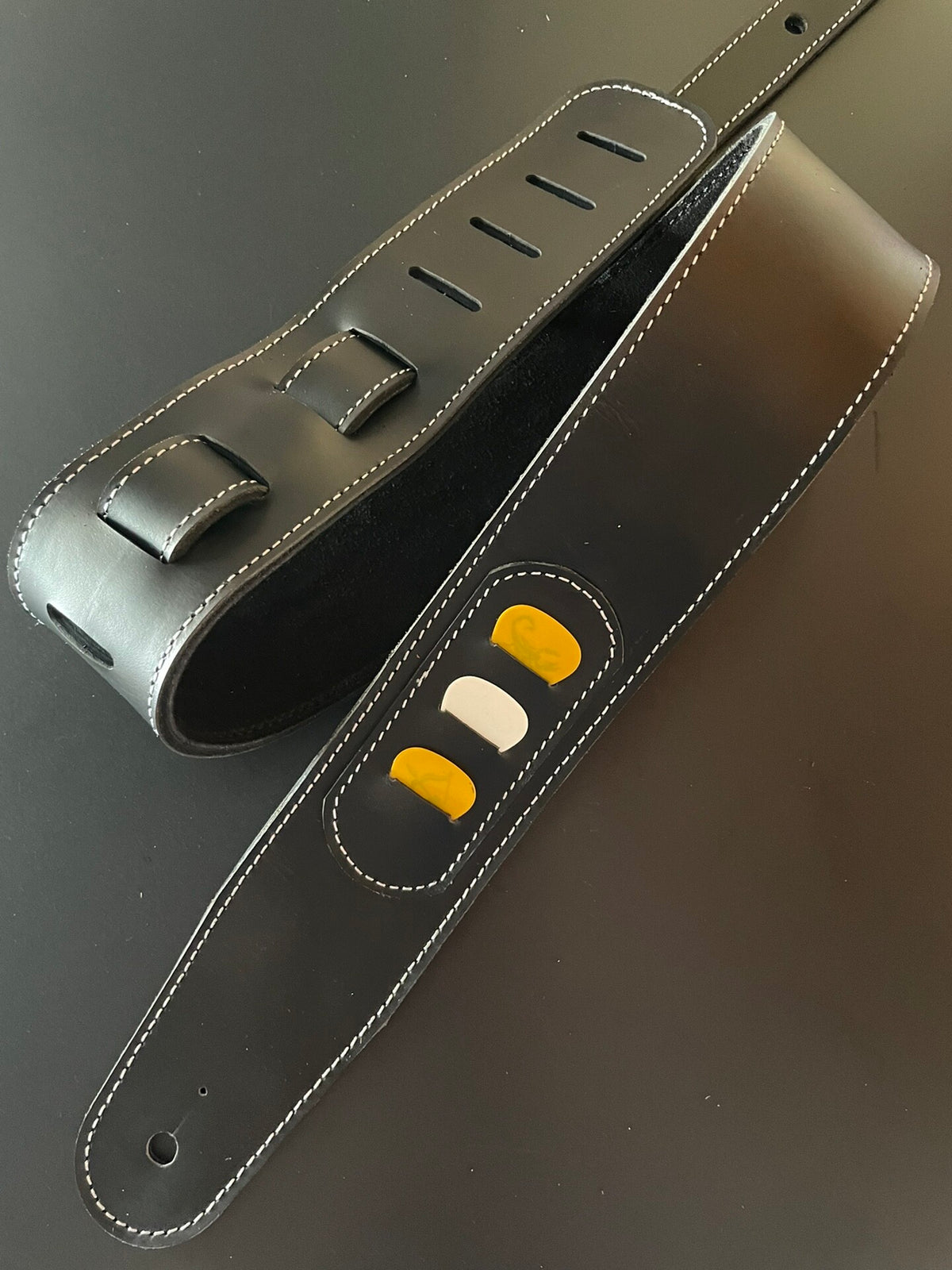 Handcrafted Italian Leather Guitar Strap with Pick Holder