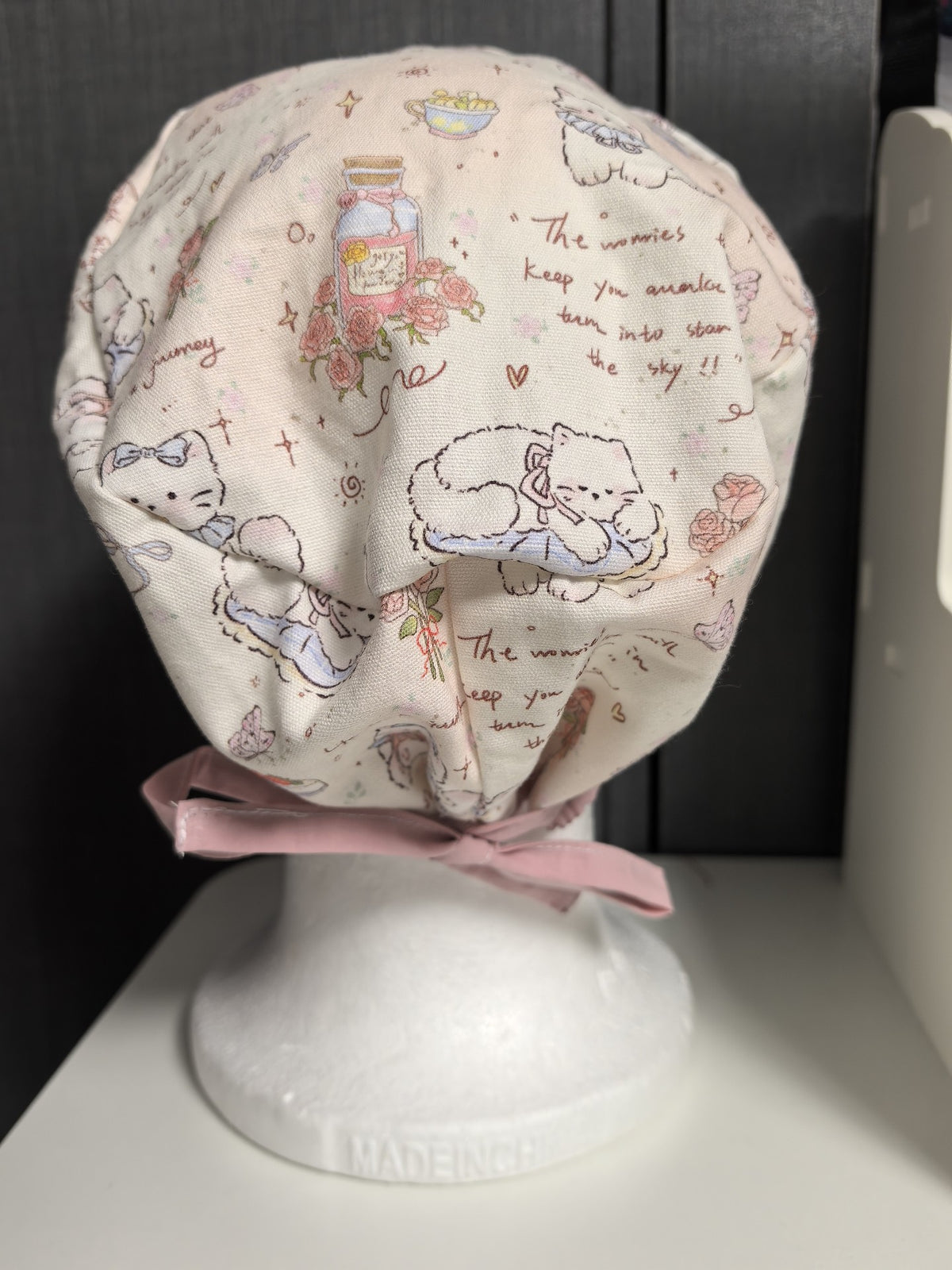Surgical Cap with Floral Cat Print