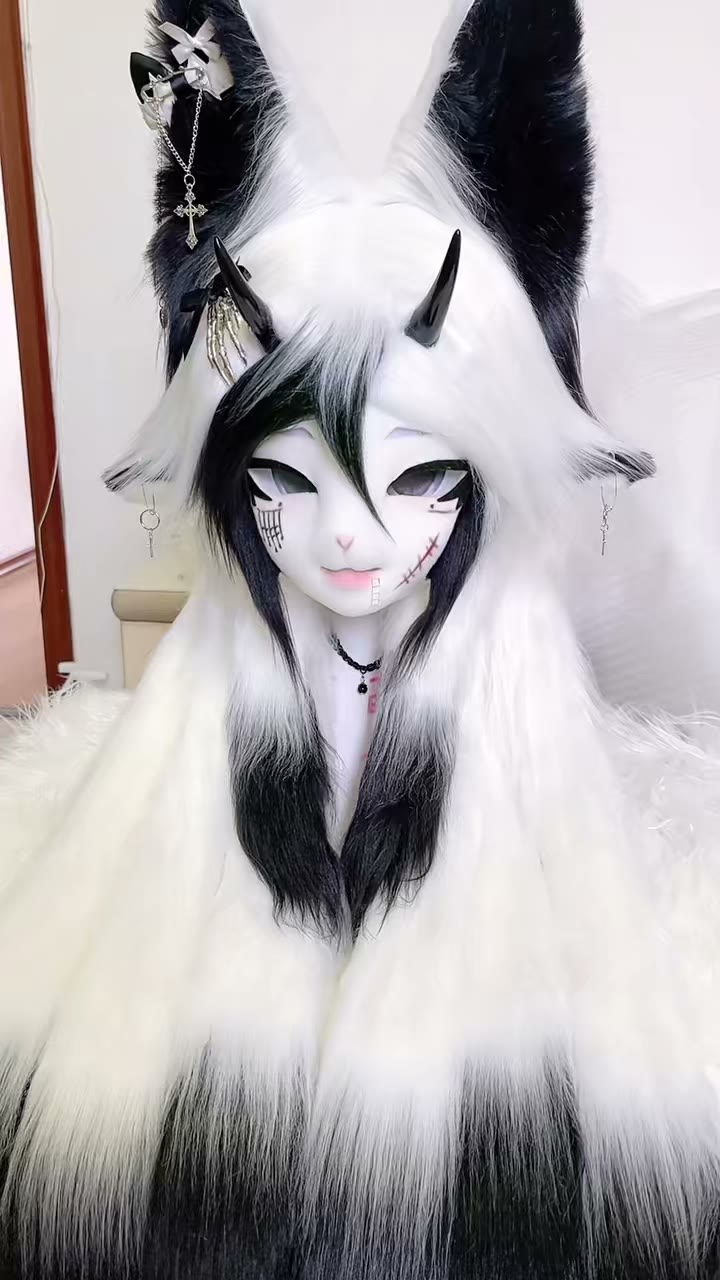 Furry Beast Head Cowl Zwart-wit Vacht