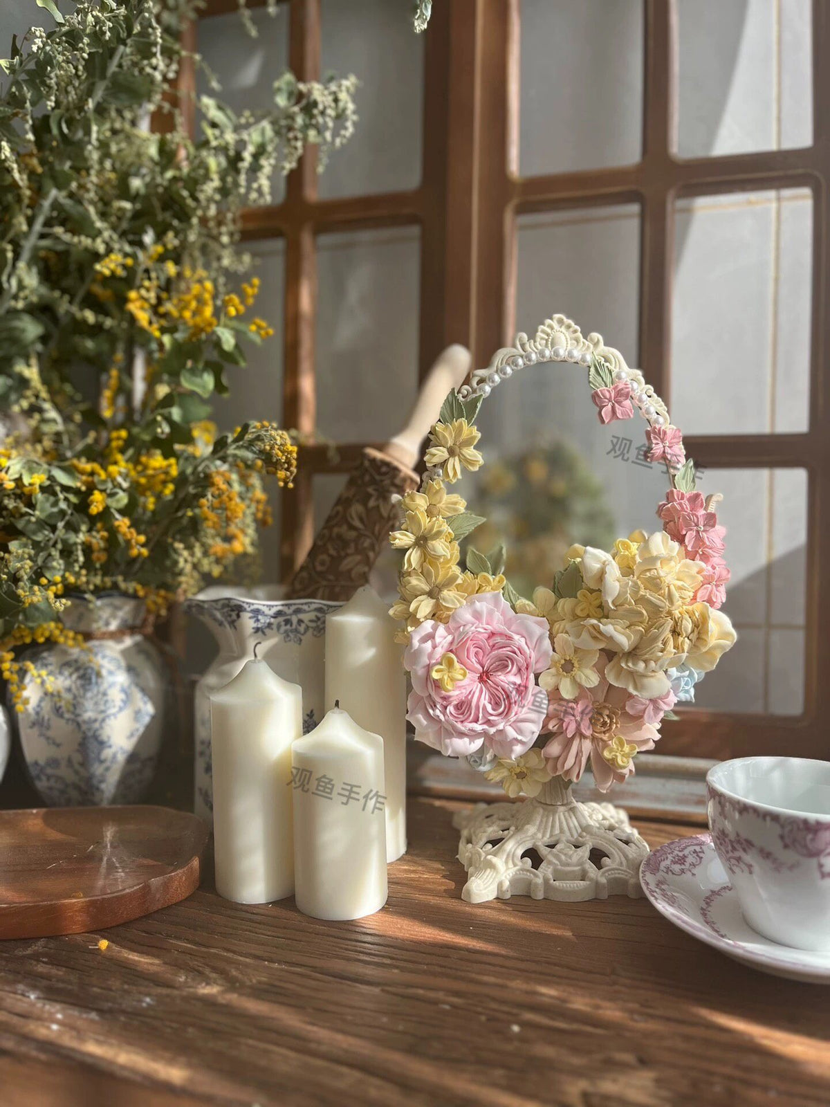 Clay Flower Decorated Oval Standing Mirror