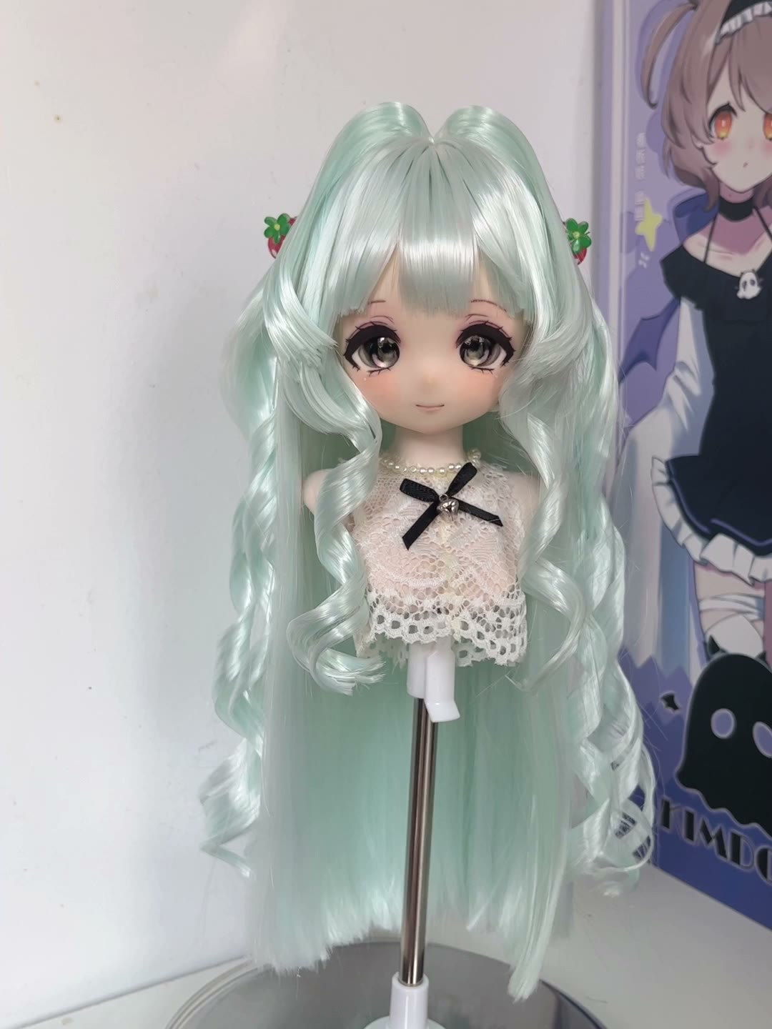 Doll Wig Mint Green with Curled Pigtails