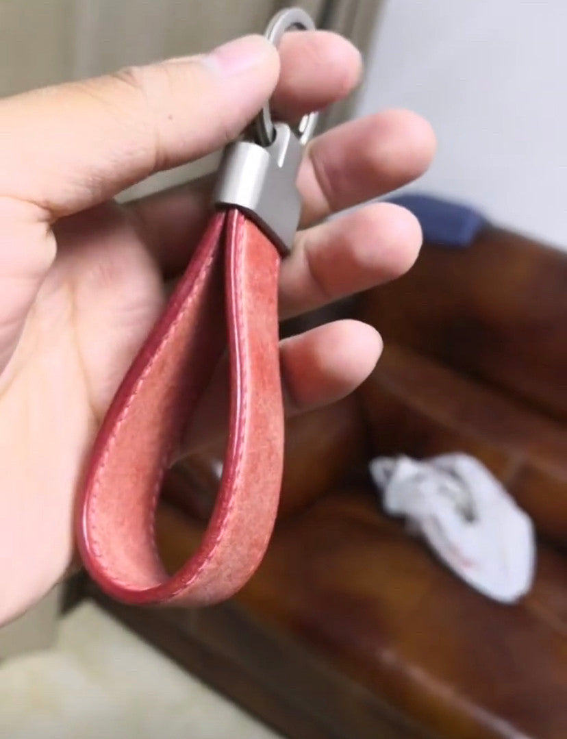 Pink Leather Loop Keychain with Contrast Stitching