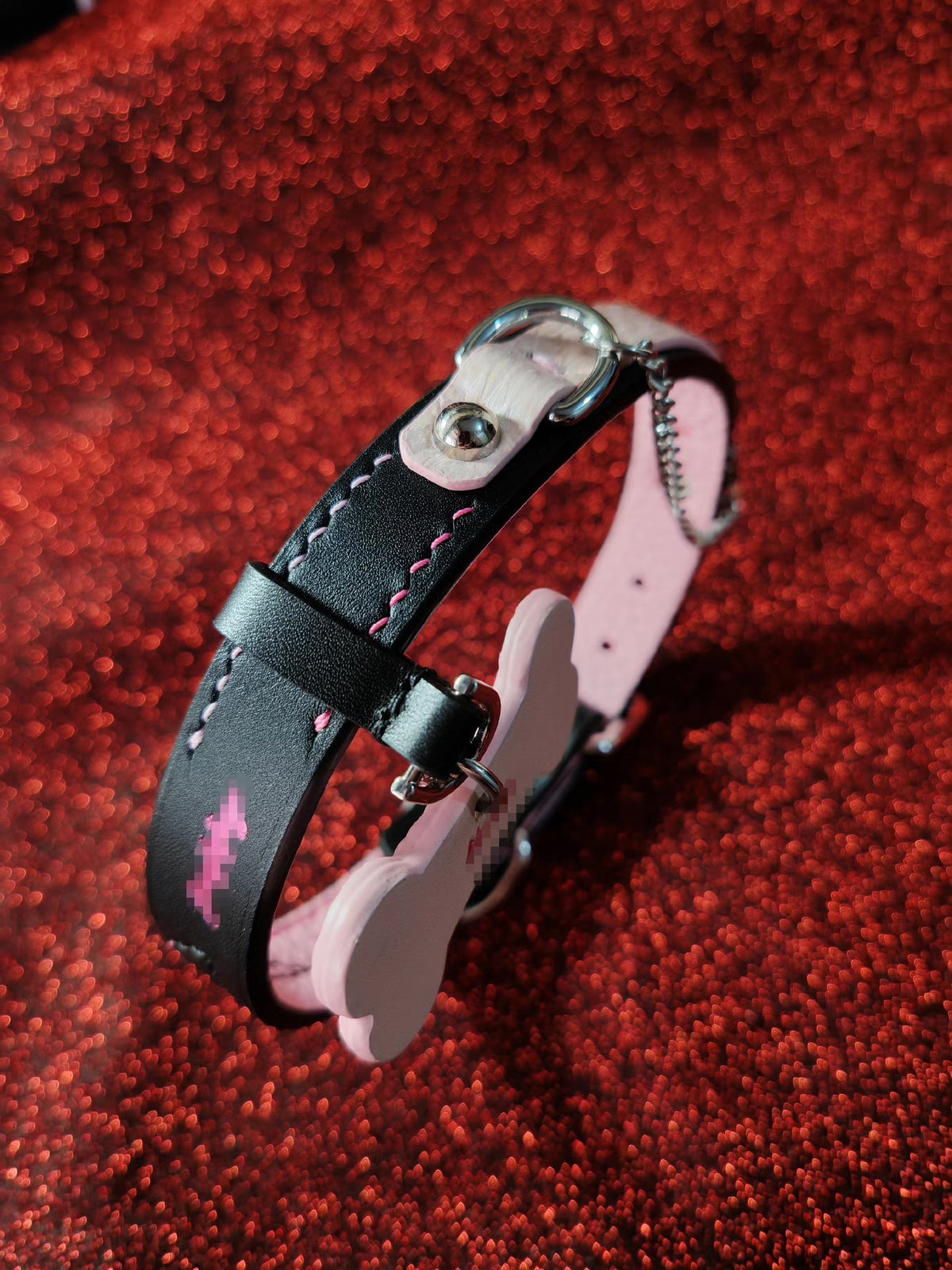 Double Layer Leather Pet Collar Pink Snake Skin