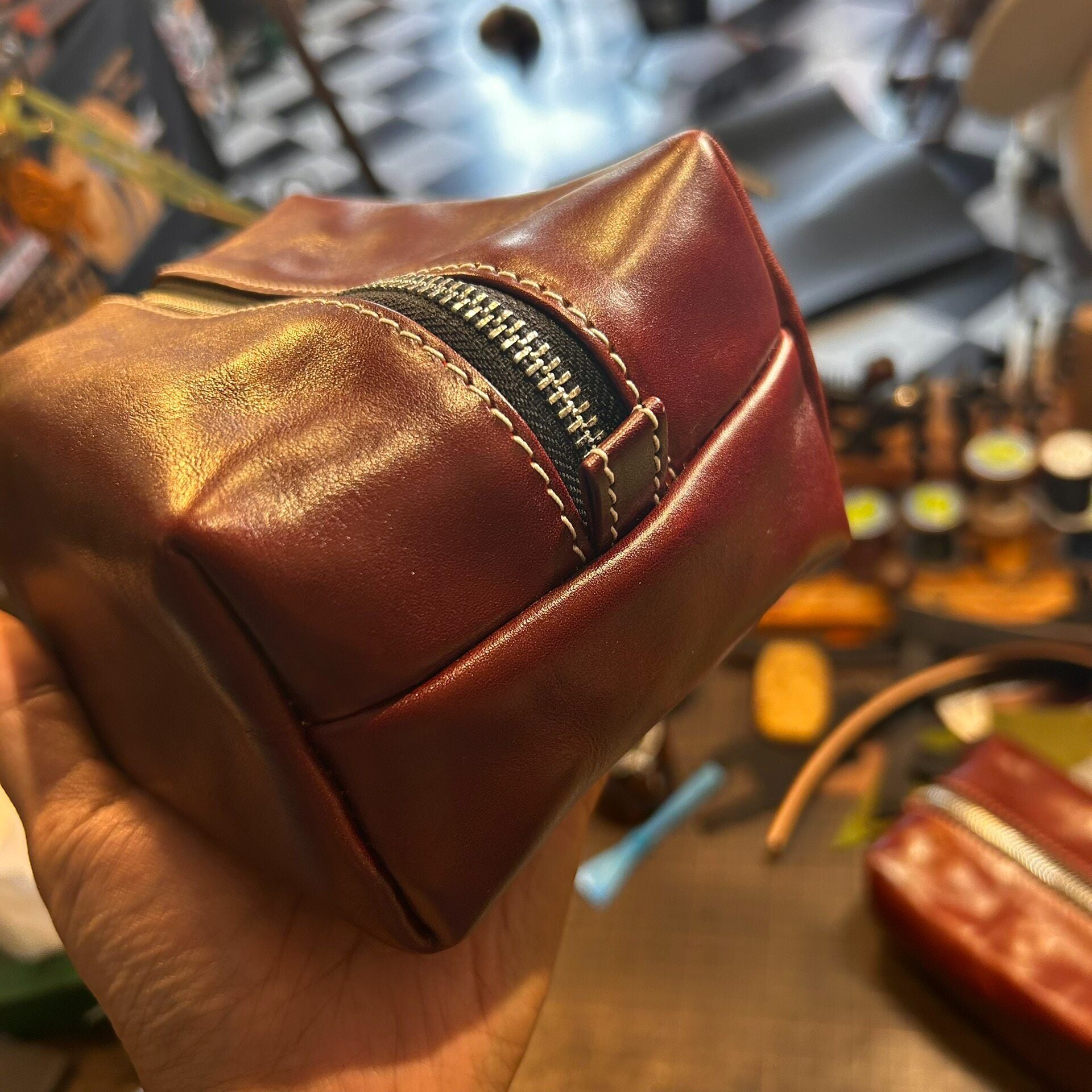 Reddish-Brown Full-Grain Leather Rectangular Pouch with Dual-Zipper Closure