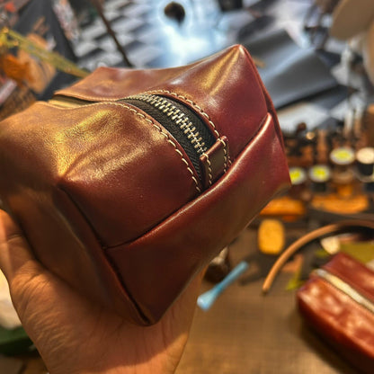 Reddish-Brown Full-Grain Leather Rectangular Pouch with Dual-Zipper Closure