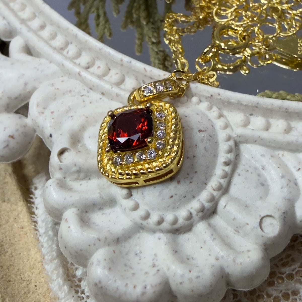 Red Garnet Square Pendant Necklace Gold Plated Silver