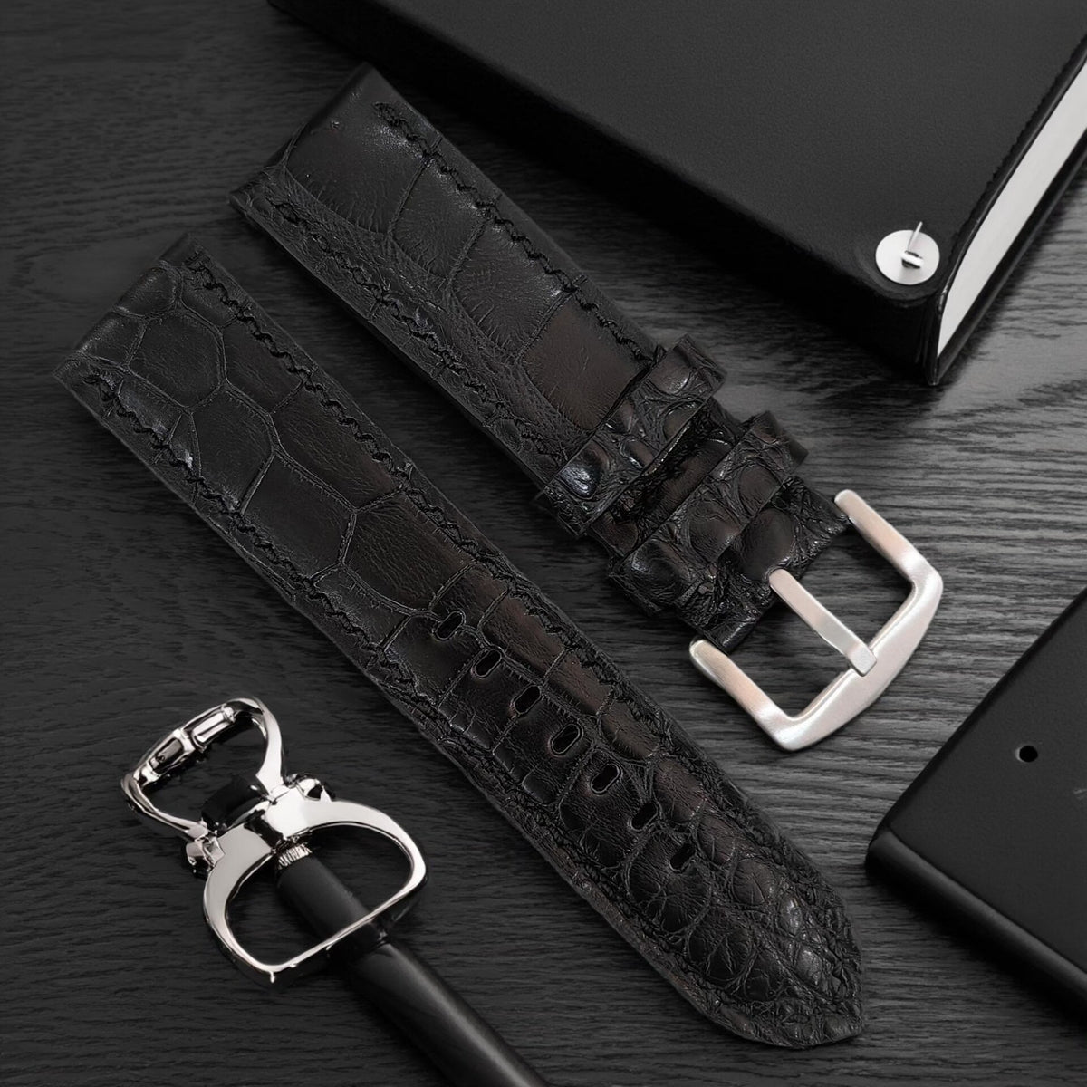 Handcrafted Black Crocodile Leather Panerai Watch Strap
