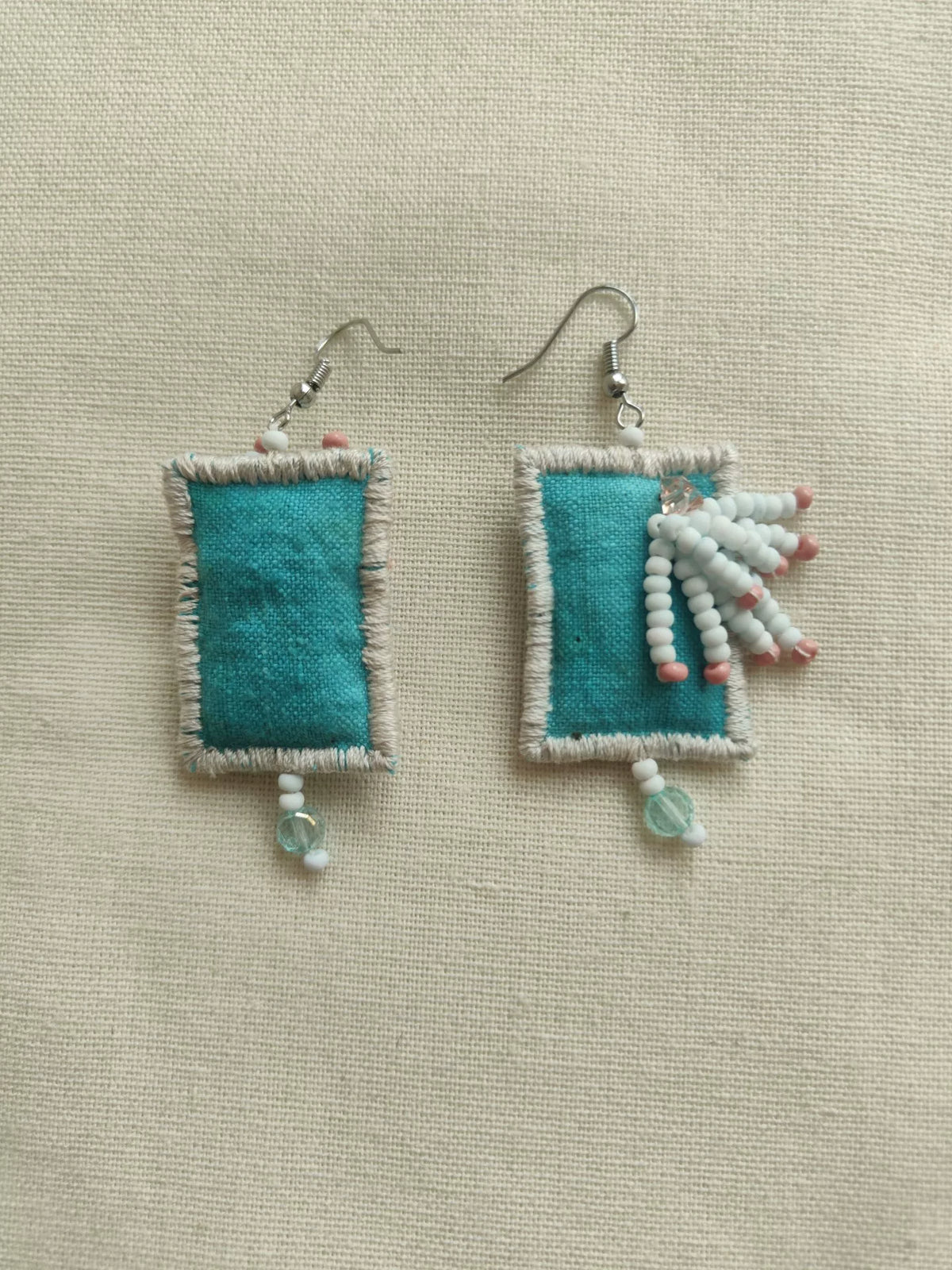 Teal Fabric Beaded Tassel Earrings