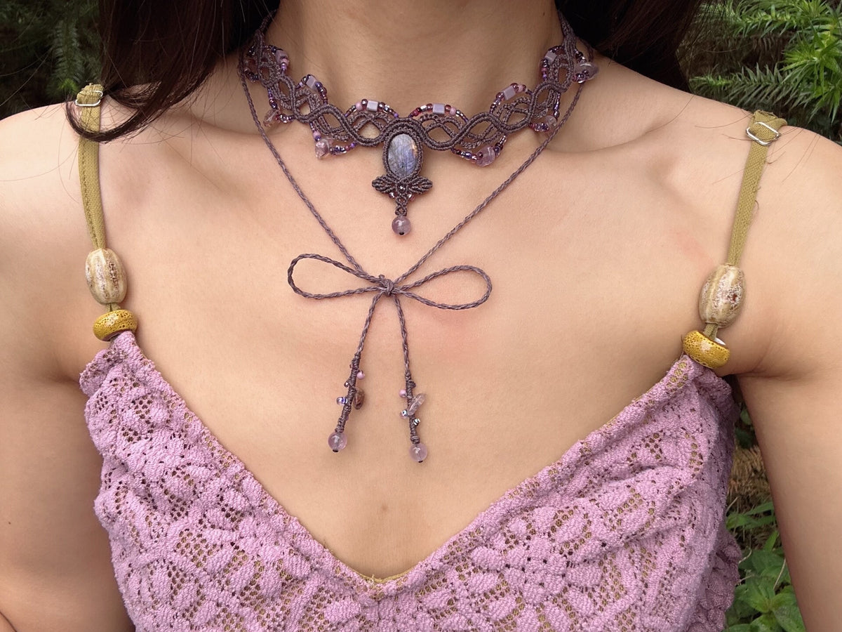 Grey Purple Macrame Labradorite Choker Necklace