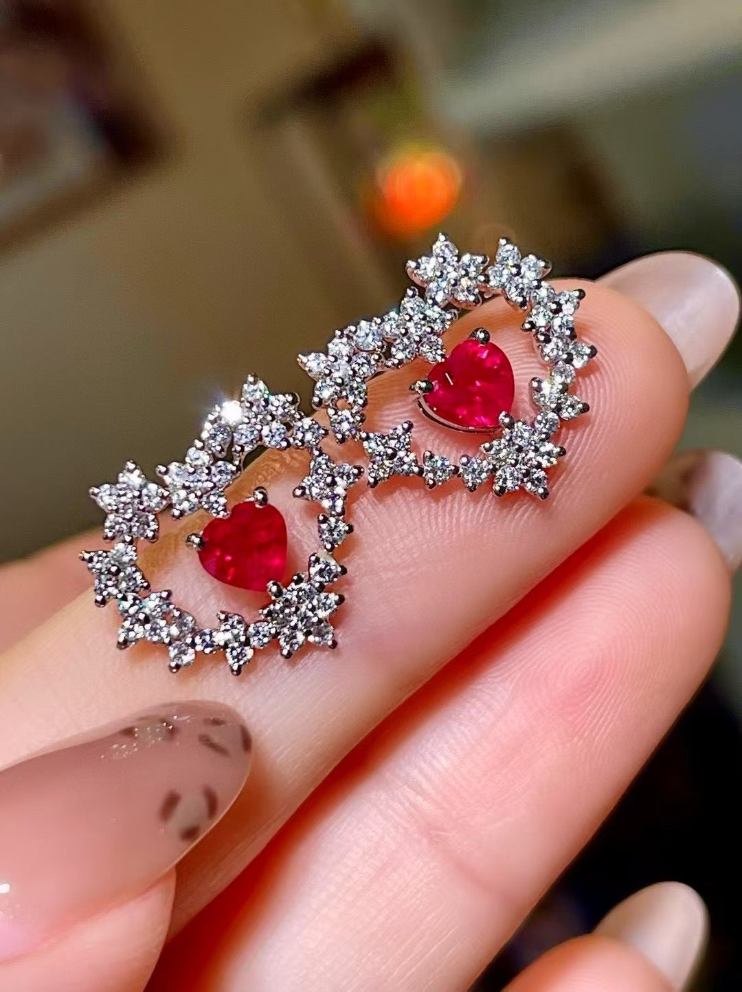 18K Gold Heart-Cut Ruby Stud Earrings, 1.03ct Pigeon Blood, GRC Certified