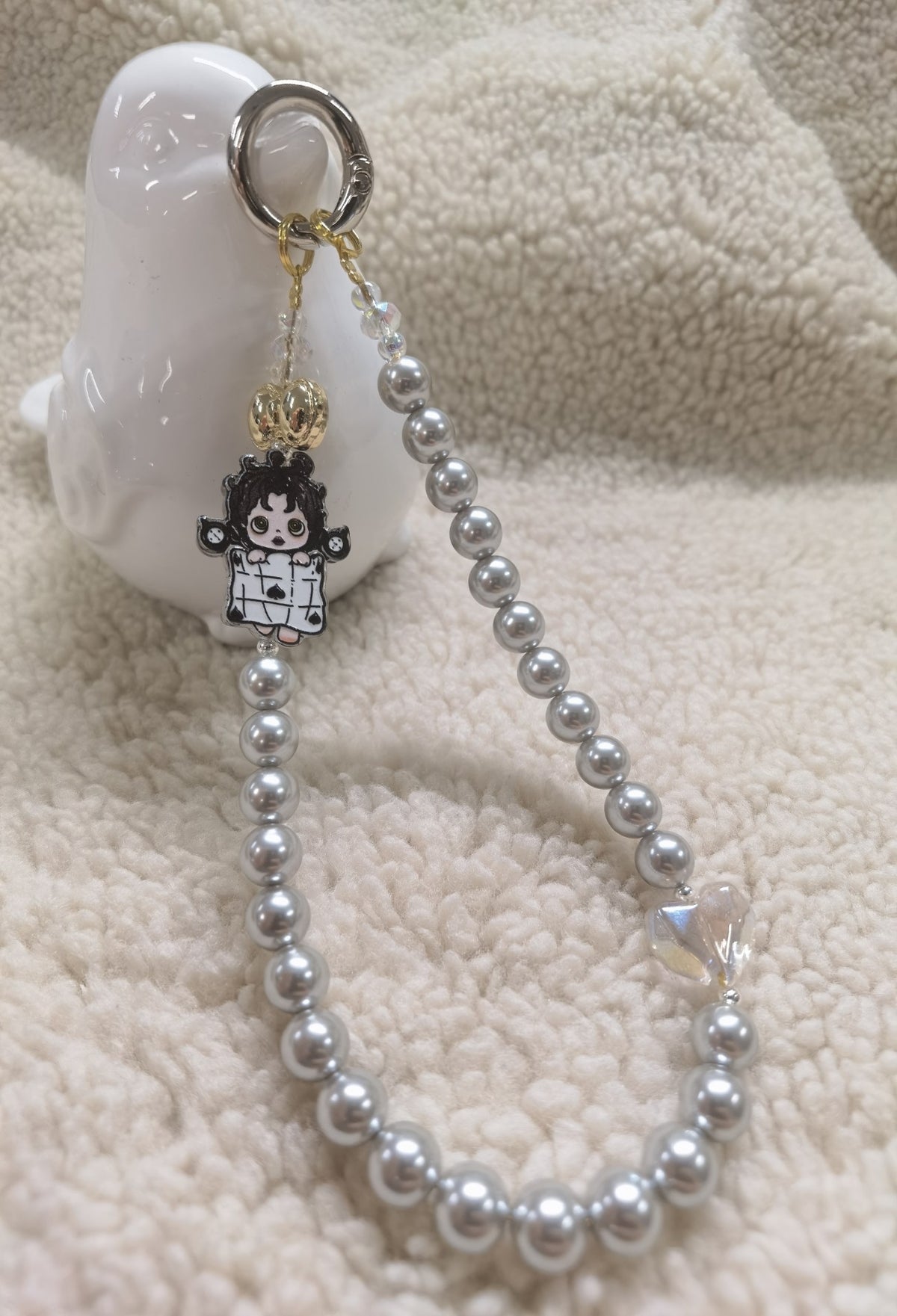 Silver Gray Pearl Cartoon Phone Chain