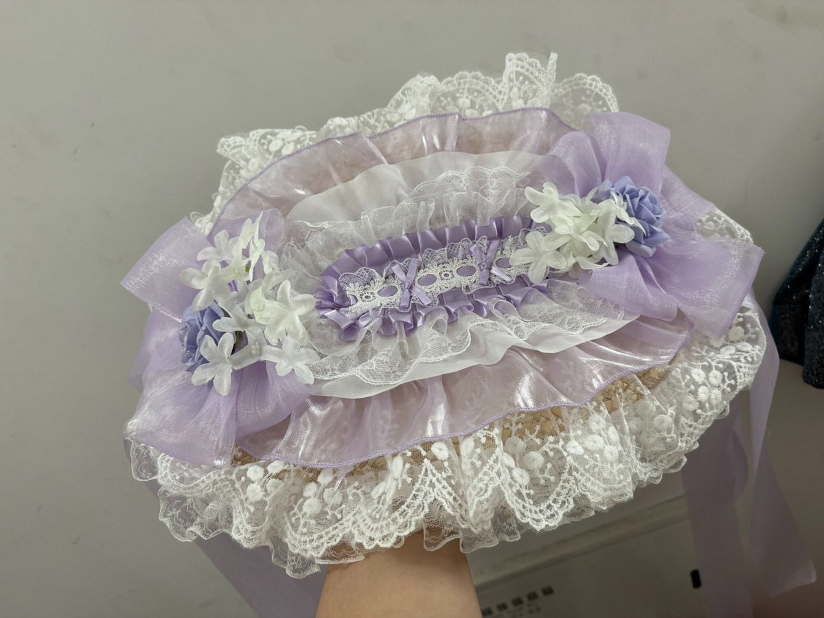 Handcrafted Lolita Straw Bonnet Hat Lavender Lace