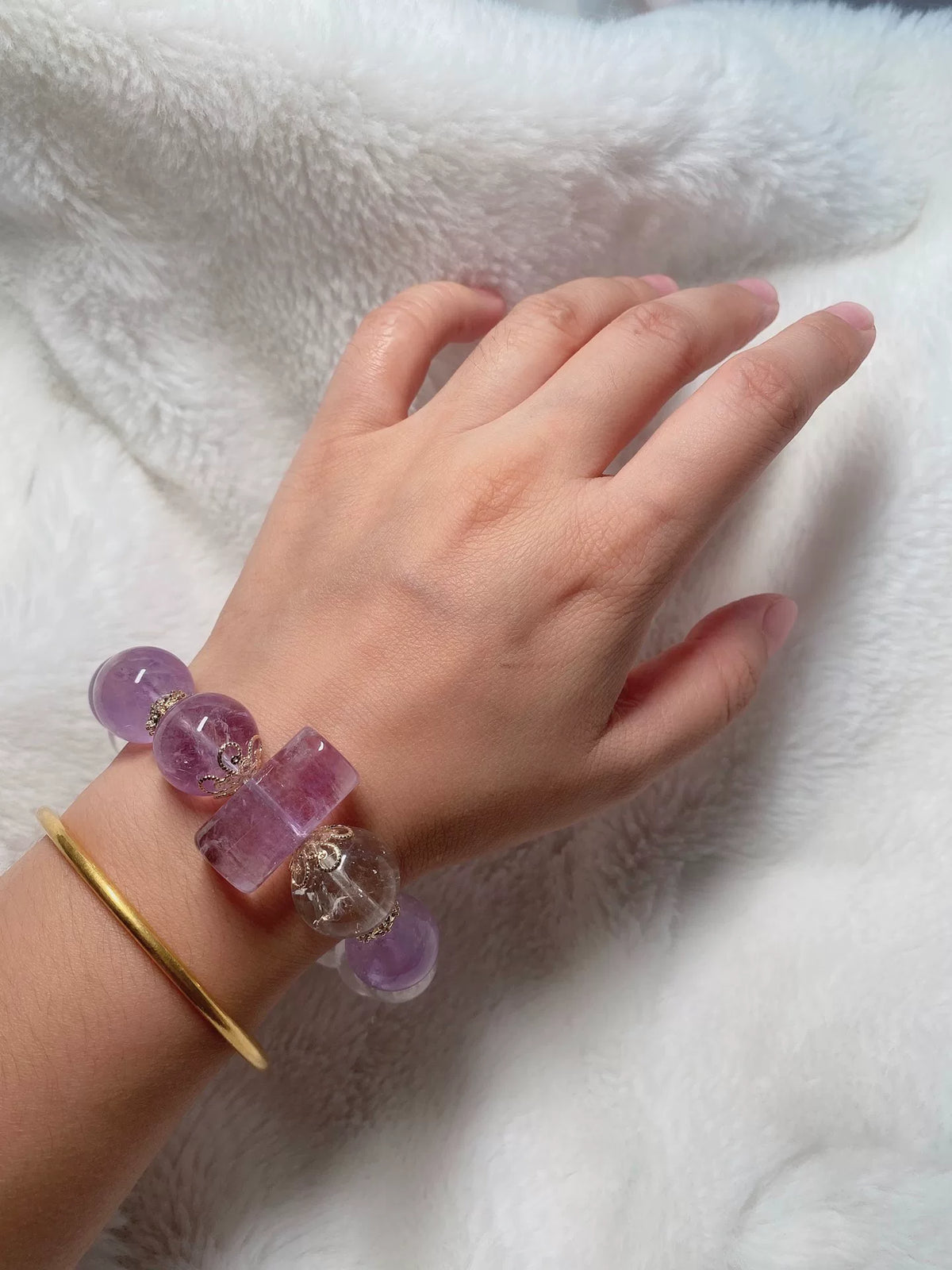 Pulsera de cuentas de Amatista Lavanda y Cuarzo Transparente