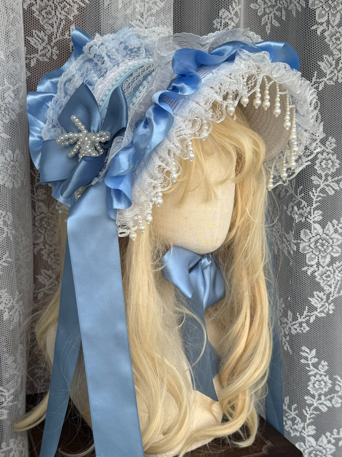 Handmade Blue Lace Bonnet Lolita Headpiece