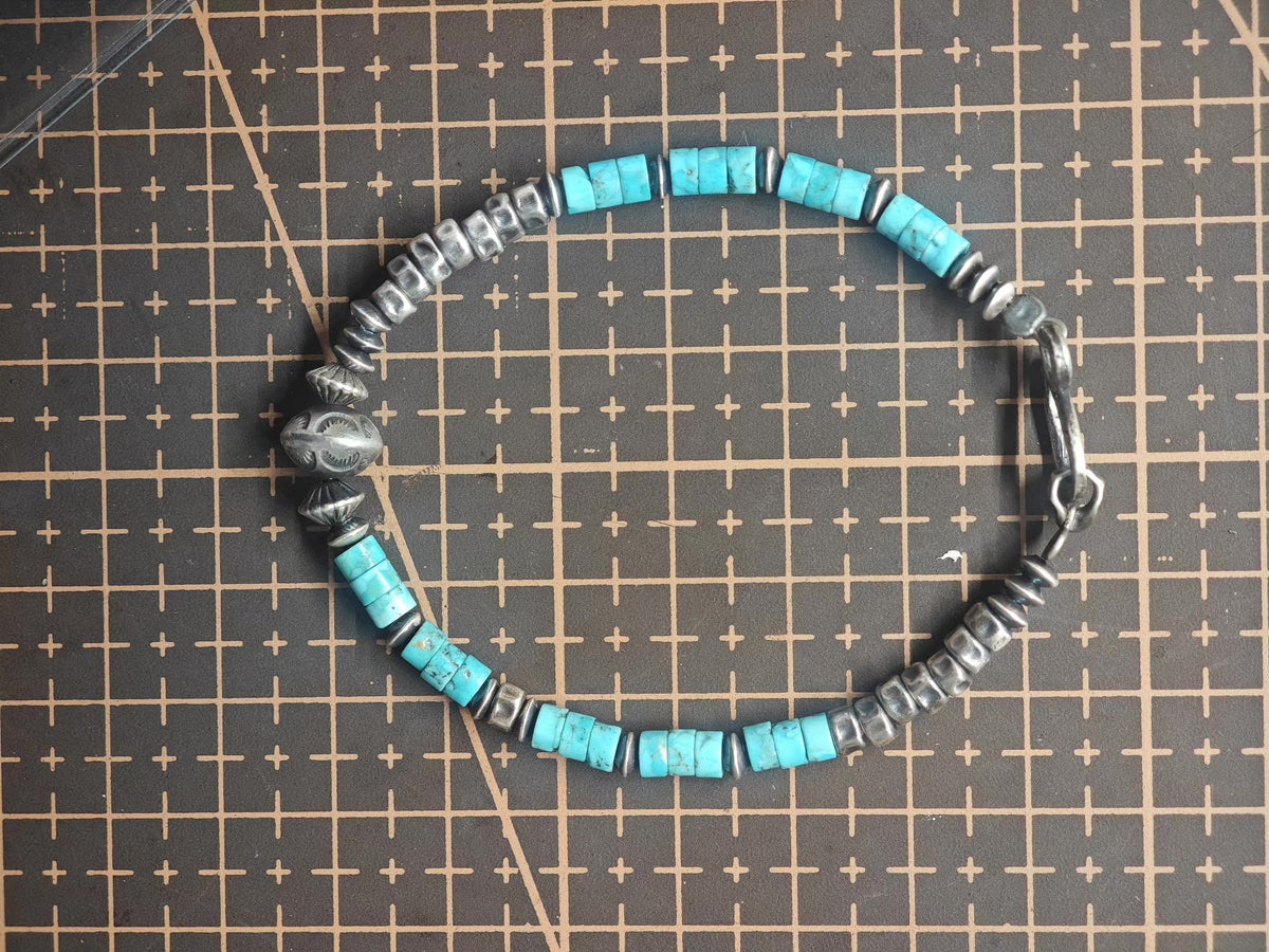 Handmade 925 Silver Navajo Turquoise Bead Bracelet