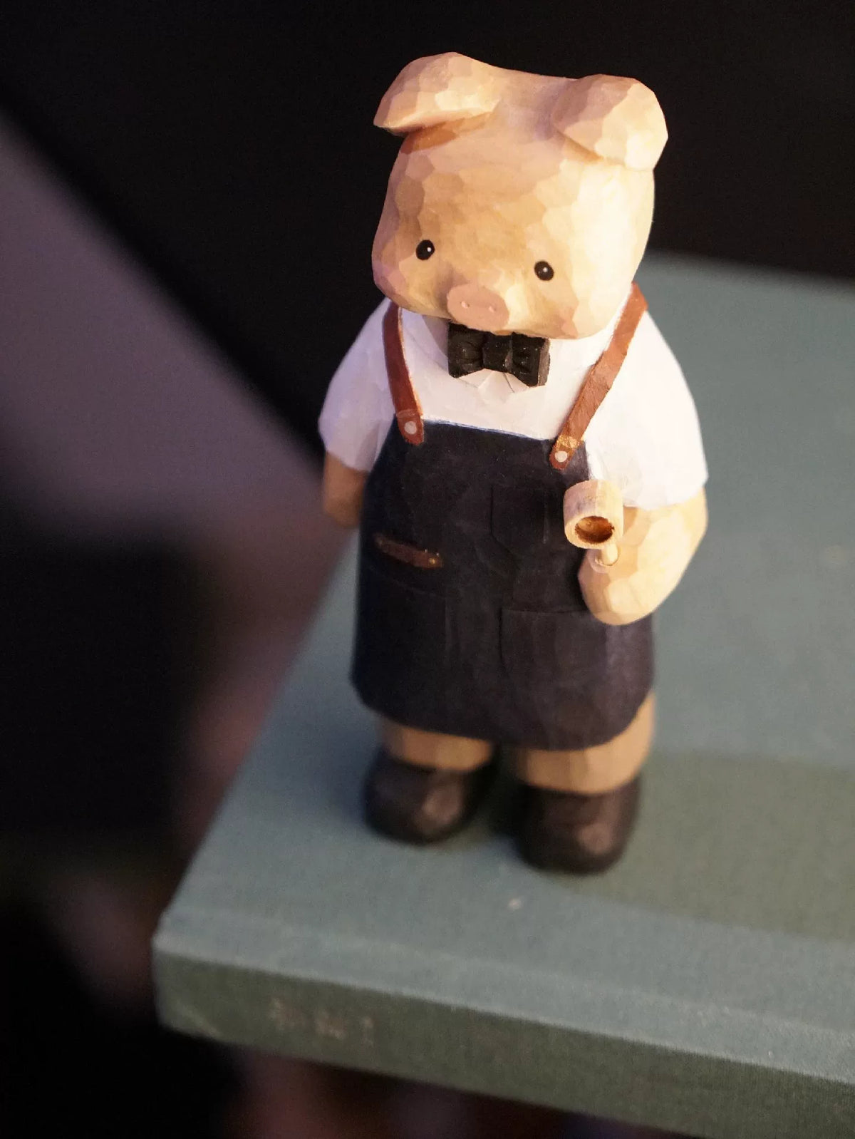 Hand Carved Basswood Barista Pig Figurine