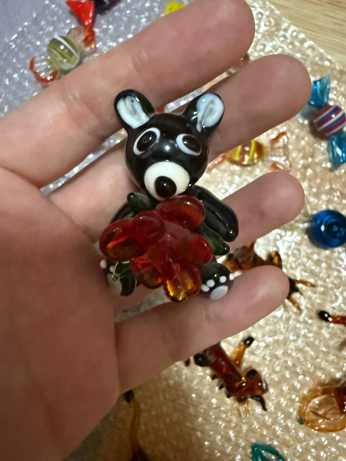 Handcrafted Liuli Glass Bear Holding Flower Figurine