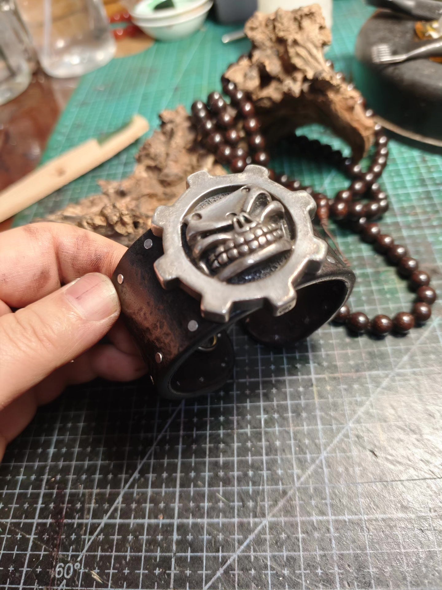 Steampunk Leather Cuff Bracelet with Skull and Gear Emblem