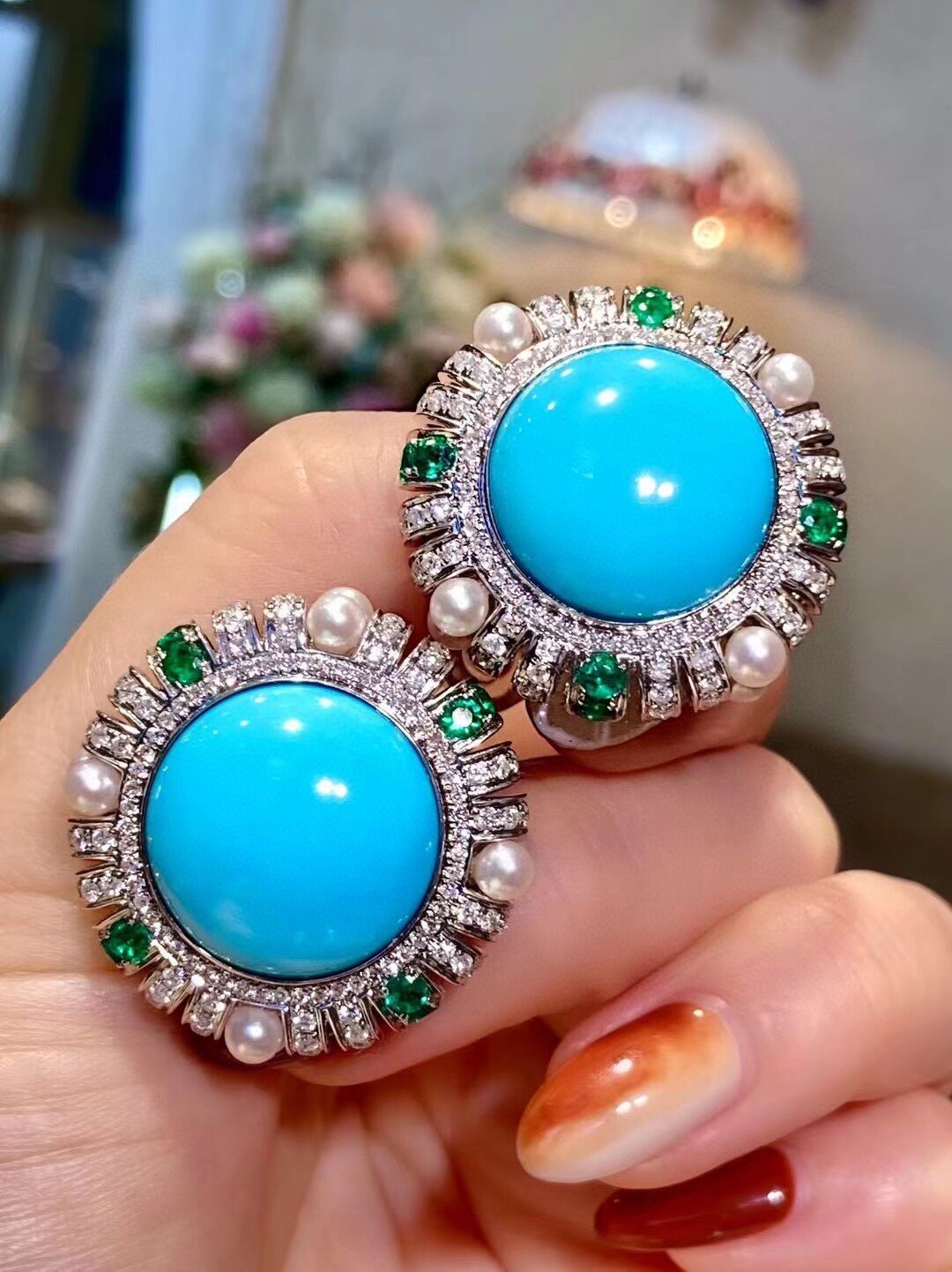 Victorian Turquoise, Emerald, Pearl, and Diamond Stud Earrings, 18K Gold, 28.8mm