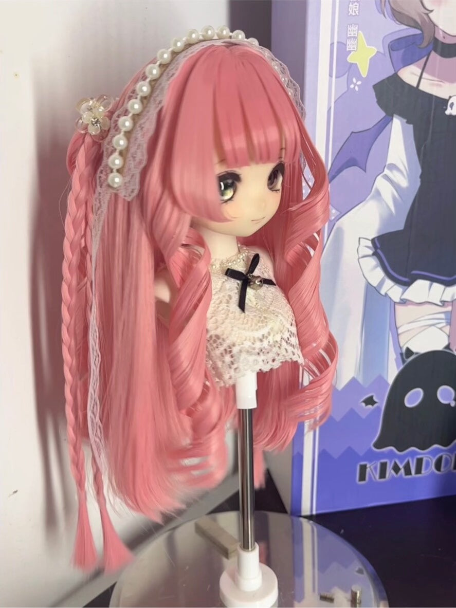 Doll Wig Pastel Pink Long Curly