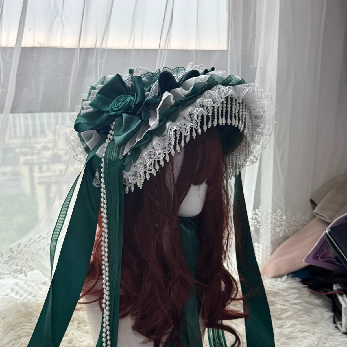 Handcrafted Lolita Bonnet Hat with Pearl Beads