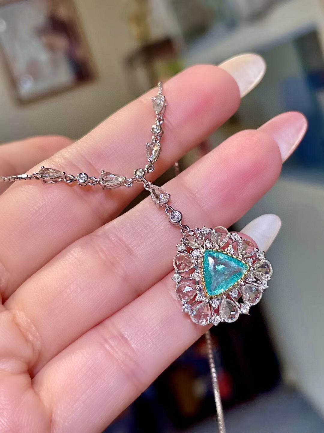 18K White Gold Paraiba Tourmaline Necklace, 1.18 Carat Main Stone, Diamond Halo