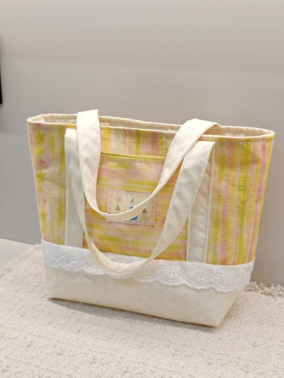 Handwoven Tote Bag Pink Yellow Striped Stars