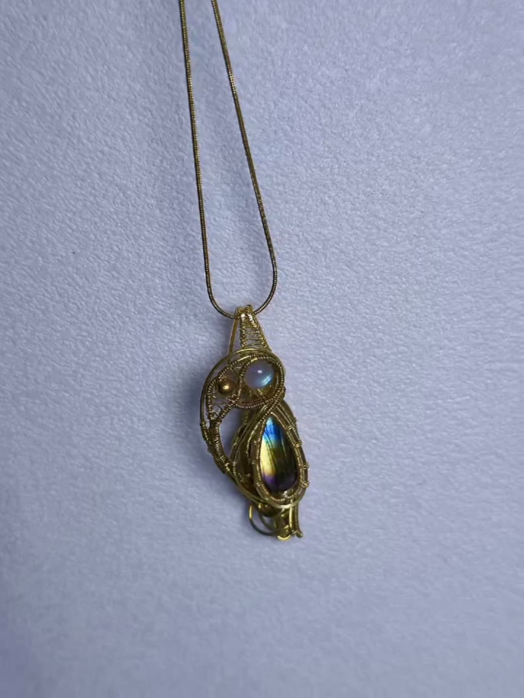 Labradorite Brass Wire Wrapped Pendant Necklace