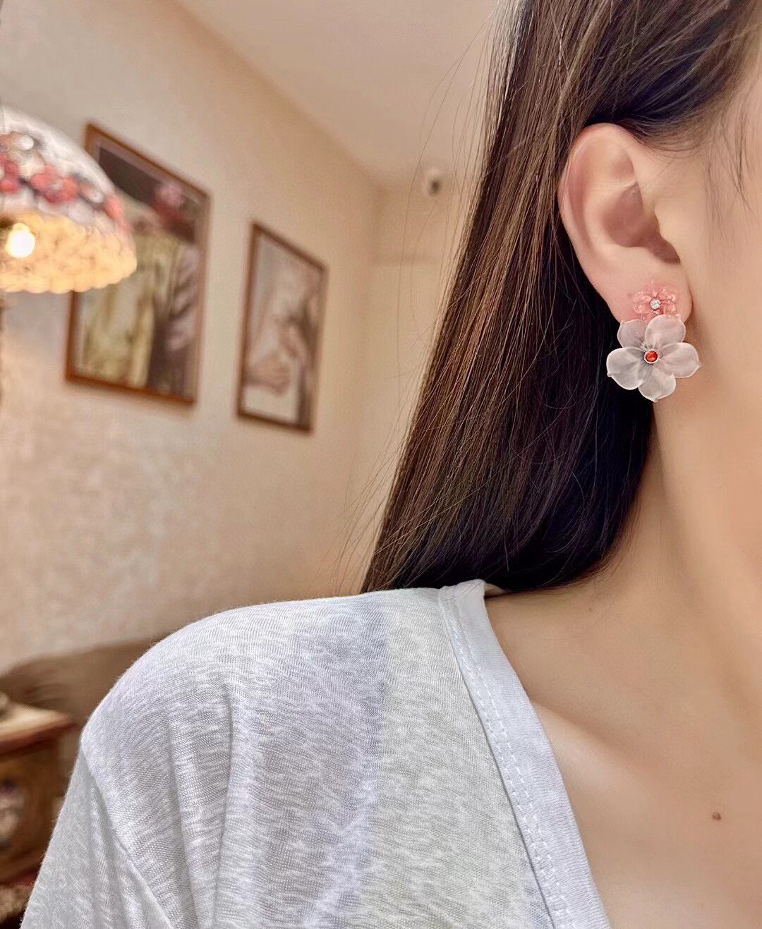 18K Gold Floral Stud Earrings with Pink Stone and Diamond Center
