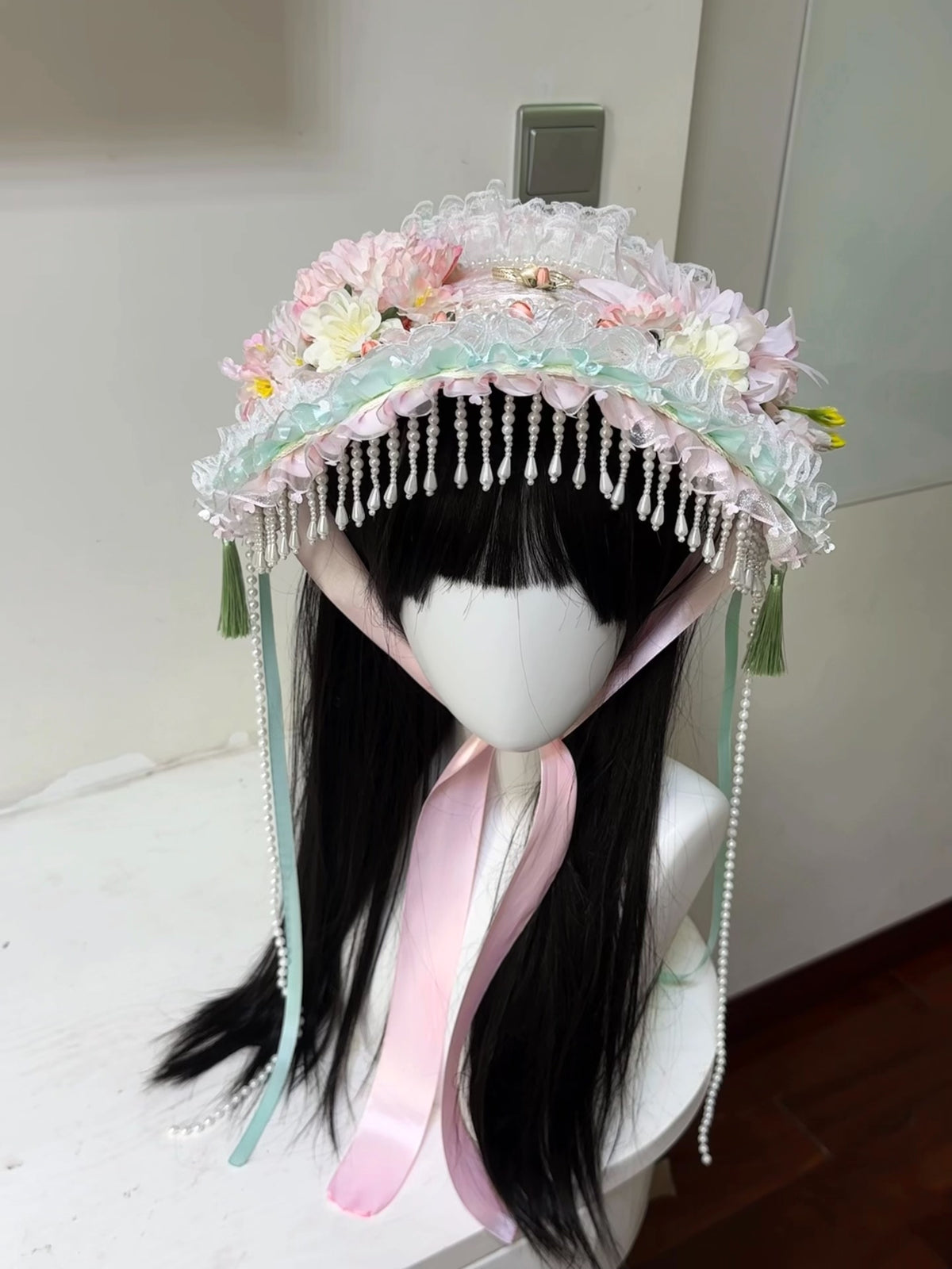 Pastel Pink Green Ruffled Bonnet Hat