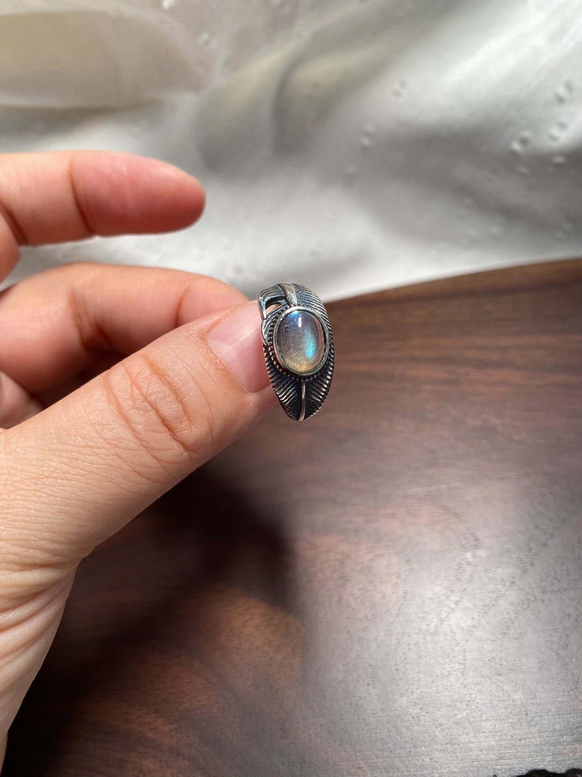 S925 Silver Labradorite Feather Ring