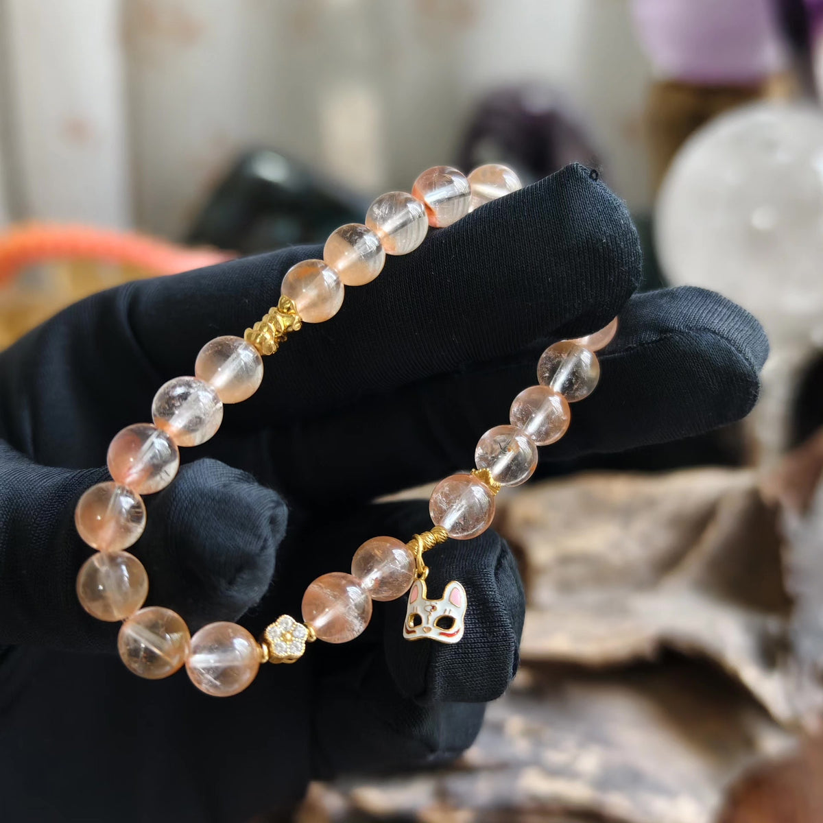 Bracciale in cristallo a pelo di coniglio rosso e argento con charm fox