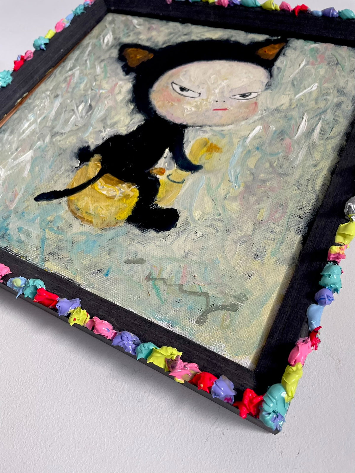 Handpainted Oil Painting Black Cat Figure