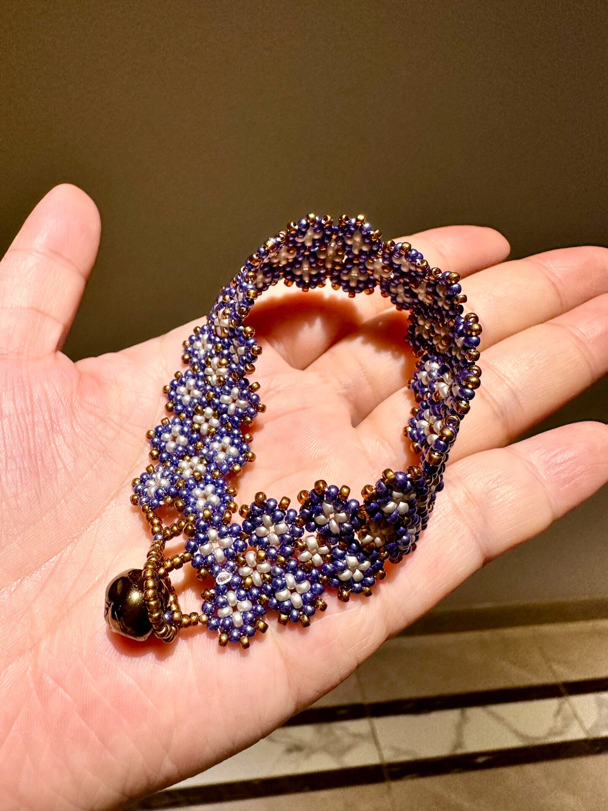 Seed Bead Woven Bracelet Navy Pearl Bronze
