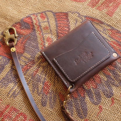 Top-Grain Leather Wallet with Brass Snap Closure and Wristlet Strap