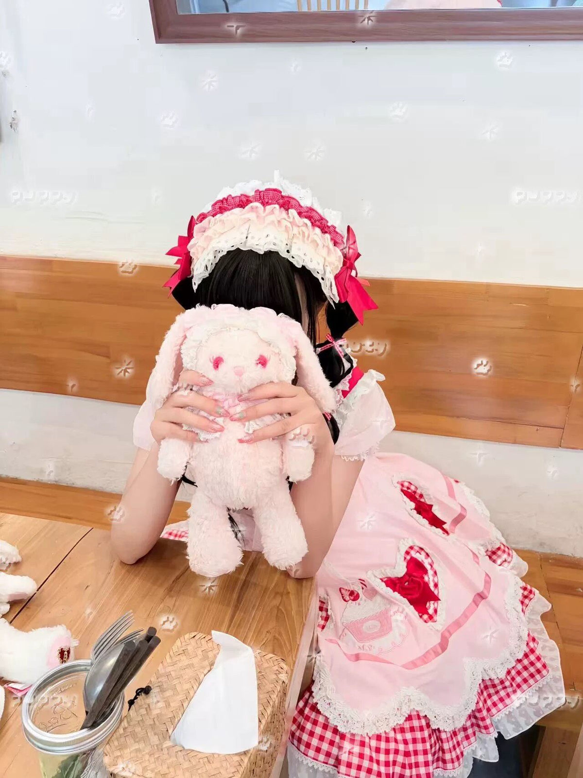 Bandolete Lolita Cupcake com Orelhas de Coelho, Vichy e Renda