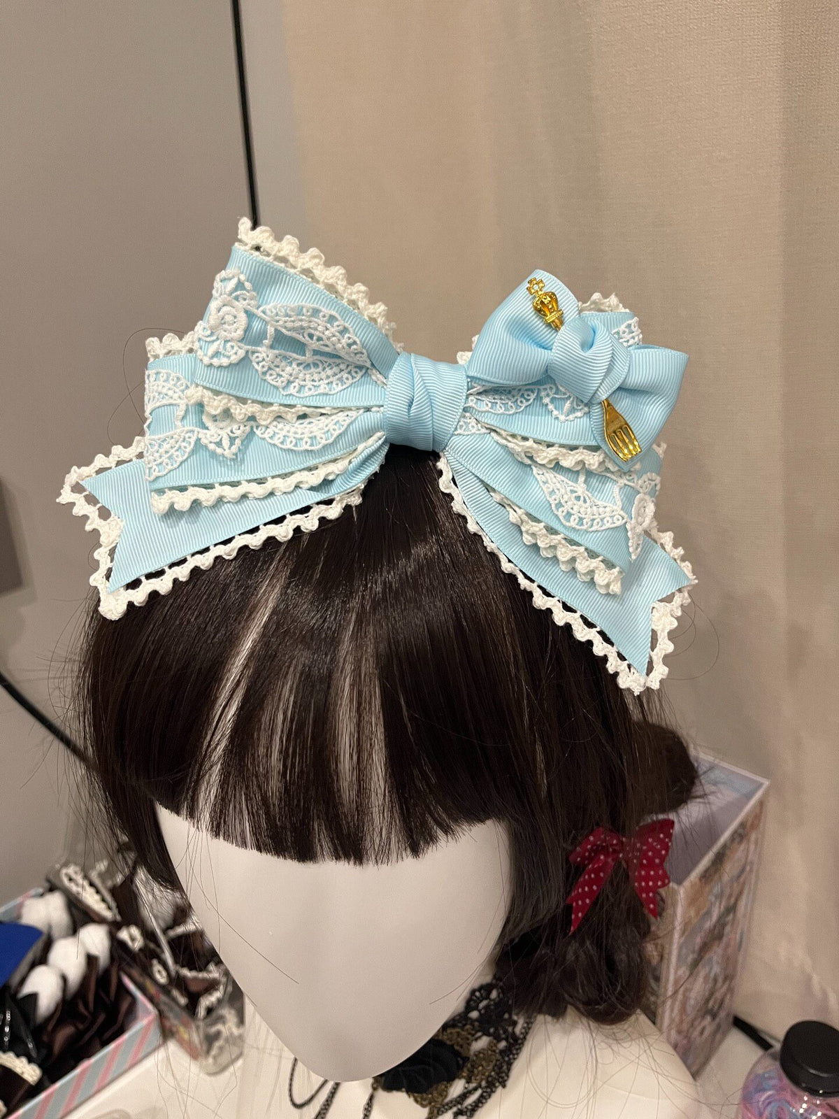 Blue White Asymmetrical Lace Head Bow