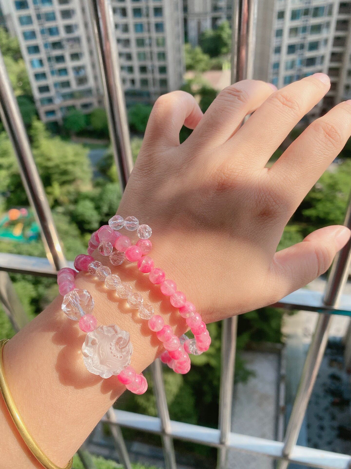 Rhodonite Quartz Triple Strand Beaded Bracelet